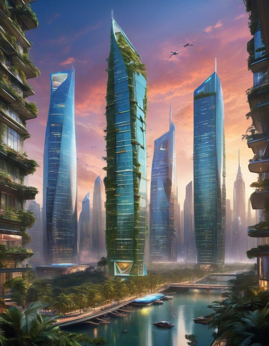 A futuristic landscape featuring a person exploring a sleek city filled with advanced technology and innovative gadgets, surrounded by holographic displays of tech trends and lifestyle insights. The scene should blend nature and urban elements with vibrant colors, indicating a harmonious future. Elements like drones, smart homes, and interactive tech can be scattered throughout. digital art. vibrant colors. spacious layout.