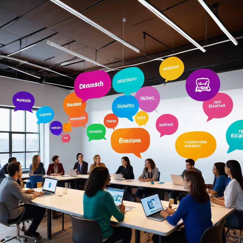 An inviting digital community hub with diverse people engaging in animated discussions. Background filled with colorful chat bubbles and information icons. Warm lighting creates a welcoming atmosphere, suggesting inclusiveness and shared knowledge. The scene should have a modern, tech-savvy feel. vibrant colors. flat design.